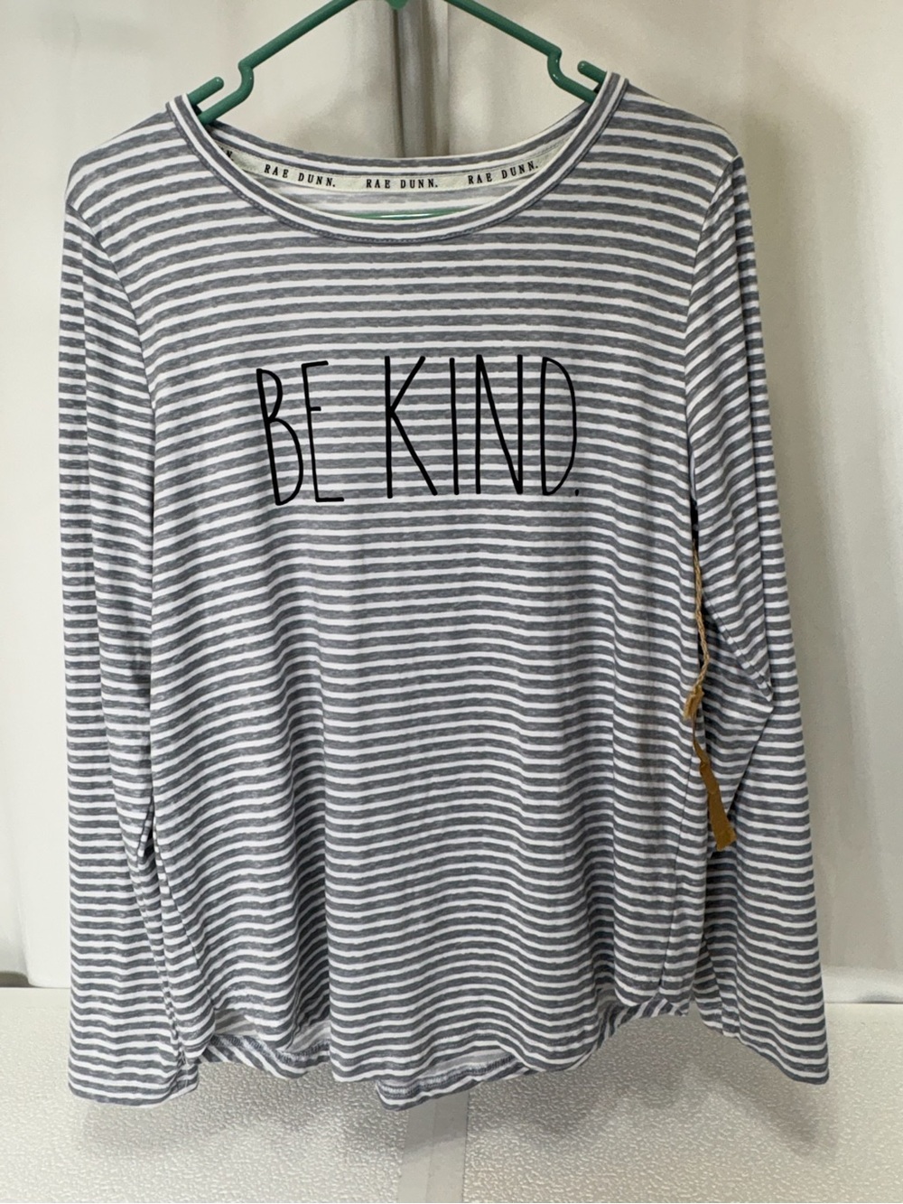Rae Dunn Gray & White Striped "Be Kind" Long Sleeve Tee 3510
